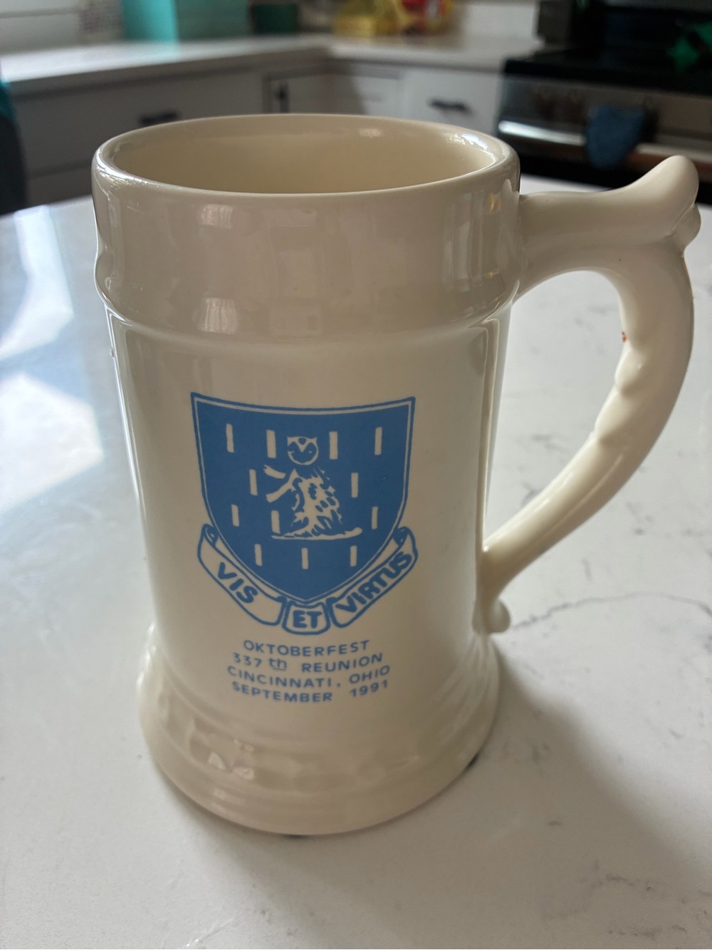 Ceramic Oktoberfest Stein Mug in Cream with Blue Crest